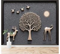 XLMING Cerf Doré Oiseaux Lune Art Arbres 3D Papier Peint Texture Soyeuse Intissé Salle à Manger Bureau Canapé Chambre Salon TV Mur-350cm×256cm