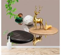 XLMING Cerf Doré Pierres Branches Et Feuilles Vertes Minimaliste Art Naturel 3D Papier Peint Premium Texturé Soie Bureau Salle à Manger Salon Chambre Coucher Canapé TV Mur-430cm×300cm