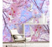 XLMING Chaleureuse Belle Rose Fleur De Pêcher Oiseau Blanc 3D Papier Peint Texture Soyeuse Intissé Salle à Manger Bureau D'étude Canapé Chambre Salon TV Mur-150cm×105cm
