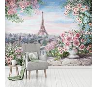 XLMING Chaleureux Beau Fleurs Roses Ville Architecture 3D Papier Peint Texture Soyeuse Intissé Salle à Manger Bureau D'étude Canapé Chambre Salon TV Mur-250cm×170cm