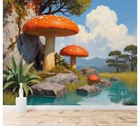 XLMING Champignons Rouges Rochers Rivière Arbres Verts Paysage De Montagne 3D Papier Peint Texture Soyeuse Intissé Salle à Manger Bureau Canapé Chambre Salon TV Mur-400cm×280cm