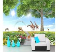 XLMING Champs Arbres Animaux Éléphants Girafes Arcs En Ciel Papier Peint 3D Soie Texturée Haut De Gamme Salon Canapé Chambre À Coucher Salle Manger Murale-430cm×300cm