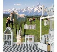 XLMING Cheval Animal Des Prairies Vertes Des Montagnes Enneigées 3D Papier Peint Luxe Décoration Manger Adulte Intérieure Salon Canapé Chambre Fond TV Mur-250cm×170cm