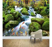 XLMING Chute D'Eau De Poissons Rouges Verts 3D Papier Peint Texture Soyeuse Intissé Salle à Manger Bureau D'étude Canapé Chambre Salon TV Mur-250cm×170cm