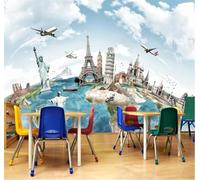 XLMING Ciel Bleu Nuages Blancs Architecture Avion Personnages 3D Papier Peint Luxe Décoration Manger Adulte Intérieure Salon Canapé Chambre Fond TV Mur-250cm×170cm