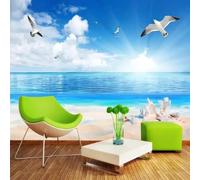 XLMING Ciel Bleu Nuages Blancs Mer Oiseaux Plage Coquillages 3D Papier Peint Luxe Décoration Manger Adulte Intérieure Salon Canapé Chambre Fond TV Mur-350cm×256cm