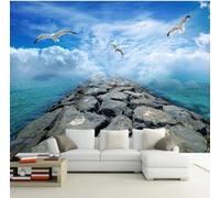 XLMING Ciel Bleu Nuages Blancs Océan Oiseaux En Vol Paysage 3D Papier Peint Texture Soyeuse Intissé Salle à Manger Bureau D'étude Canapé Chambre Salon TV Mur-300cm×210cm