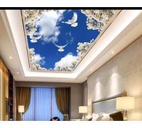 XLMING Ciel Bleu Nuages Blancs Oiseaux En Vol Fleurs Blanches 3D Papier Peint Texture Soyeuse Intissé Salle à Manger Bureau D'étude Canapé Chambre Salon TV Mur-200cm×140cm