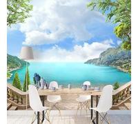 XLMING Ciel Bleu Nuages Blancs Sommets Montagneux Lacs Arbres Papier Peint 3D Soie De Luxe Intissé Bureau Salle à Manger Canapé Chambre Salon TV Mural Décoratif-300cm×210cm