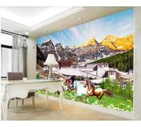 XLMING Ciel Peint À La Main Hautes Montagnes Prairies Chevaux Palais 3D Papier Peint Texture Soyeuse Intissé Salle à Manger Bureau D'étude Canapé Chambre Salon TV Mur-300cm×210cm