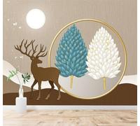 XLMING Clair De Lune Abstrait Arbres Bleus Et Blancs Cerfs Formes Géométriques Circulaires 3D Papier Peint Premium Texturé Soie Bureau Salle à Manger Salon Chambre Coucher Canapé TV Mur-200cm×140cm