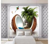 XLMING Cocotier Créatif Noix De Coco Oiseau En Vol Papillon 3D Papier Peint Premium Texturé Soie Bureau Salle à Manger Salon Chambre Coucher Canapé TV Mur-150cm×105cm