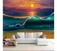XLMING Cosy Sunset Beach Moon Waves Landscape 3D Papier Peint Texture Soyeuse Intissé Salle à Manger Bureau D'étude Canapé Chambre Salon TV Mur-350cm×256cm