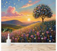 XLMING Coucher De Soleil Arbres En Fleurs Prairie Colorée Ciel Étoilé 3D Papier Peint Texture Soyeuse Intissé Salle à Manger Bureau Canapé Chambre Salon TV Mur-250cm×170cm