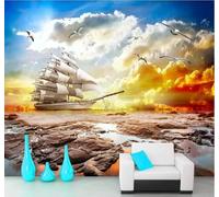 XLMING Coucher De Soleil Voilier Bord De Mer Pierres Nature Paysage 3D Papier Peint Texture Soyeuse Intissé Salle à Manger Bureau D'étude Canapé Chambre Salon TV Mur-430cm×300cm