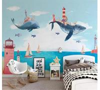 XLMING Créatif Aquarelle Océan Phare Baleine 3D Papier Peint Premium Texturé Soie Bureau Salle à Manger Salon Chambre Coucher Canapé TV Mur-430cm×300cm