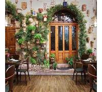 XLMING Créatif Architecture Porte En Bois Jardinage En Pot Jardinage 3D Papier Peint Luxe Décoration Manger Adulte Intérieure Salon Canapé Chambre Fond TV Mur-400cm×280cm