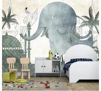 XLMING Créatif Caricature Petit Éléphant Cocotier Architecture 3D Papier Peint Texture Soyeuse Intissé Salle à Manger Bureau D'étude Canapé Chambre Salon TV Mur-300cm×210cm