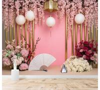 XLMING Créatif Magnifique Fleurs De Cerisier Roses Lanternes En Papier Colonnes Dorées 3D Papier Peint Premium Texturé Soie Bureau Salle à Manger Salon Chambre Coucher Canapé TV Mur-150cm×105cm