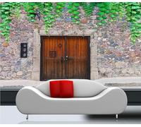 XLMING Créatif Mur En Pierre Porte En Bois Feuilles Vertes Vignes Papier Peint 3D Soie De Luxe Intissé Bureau Salle à Manger Canapé Chambre Salon TV Mural Décoratif-150cm×105cm
