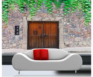 XLMING Créatif Mur En Pierre Porte En Bois Feuilles Vertes Vignes Papier Peint 3D Soie De Luxe Intissé Bureau Salle à Manger Canapé Chambre Salon TV Mural Décoratif-250cm×170cm
