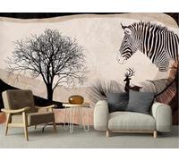 XLMING Créatif Zèbre Arbres Élans Plumes Papier Peint 3D Soie De Luxe Intissé Bureau Salle à Manger Canapé Chambre Salon TV Mural Décoratif-350cm×256cm