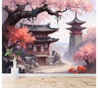 XLMING Dessin À La Main Aquarelle Fleurs De Cerisier Arbres Architecture 3D Papier Peint Texture Soyeuse Intissé Salle à Manger Bureau Canapé Chambre Salon TV Mur-200cm×140cm