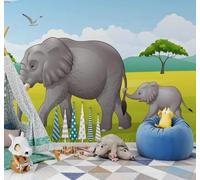 XLMING Dessin À La Main Bande Dessinée Éléphant Forêt Prairie 3D Papier Peint Luxe Décoration Manger Adulte Intérieure Salon Canapé Chambre Fond TV Mur-400cm×280cm