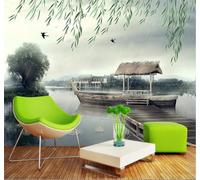 XLMING Dessin À La Main Bord Du Lac Bateau En Bois Architecture Classique 3D Papier Peint Texture Soyeuse Intissé Salle à Manger Bureau D'étude Canapé Chambre Salon TV Mur-150cm×105cm