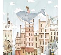 XLMING Dessin À La Main Cartoon Baleine Ville Architecture Nuages Blancs 3D Papier Peint Premium Texturé Soie Bureau Salle à Manger Salon Chambre Coucher Canapé TV Mur-300cm×210cm