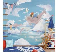 XLMING Dessin À La Main Cartoon Océan Dauphins Ciel Bleu Nuages Blancs 3D Papier Peint Texture Soyeuse Intissé Salle à Manger Bureau D'étude Canapé Chambre Salon TV Mur-200cm×140cm