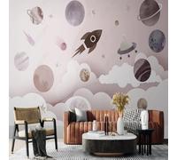 XLMING Dessin À La Main Couleur Cartoon Univers Planète Fusée 3D Papier Peint Texture Soyeuse Intissé Salle à Manger Bureau D'étude Canapé Chambre Salon TV Mur-350cm×256cm