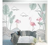 XLMING Dessin À La Main Flamant Rose Nuage Vert Jardinage Feuille 3D Papier Peint Premium Texturé Soie Bureau Salle à Manger Salon Chambre Coucher Canapé TV Mur-430cm×300cm