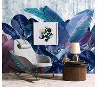 XLMING Dessin À La Main Frais Esthétique Feuille De Bananier Bleu Végétal 3D Papier Peint Texture Soyeuse Intissé Salle à Manger Bureau D'étude Canapé Chambre Salon TV Mur-250cm×170cm