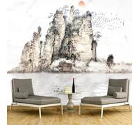 XLMING Dessin À La Main Montagnes Rivière Petit Bateau Oiseaux Lever Du Soleil 3D Papier Peint Texture Soyeuse Intissé Salle à Manger Bureau D'étude Canapé Chambre Salon TV Mur-250cm×170cm