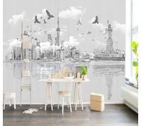 XLMING Dessin À La Main Noir Et Blanc Architecture Oiseaux En Vol Reflets 3D Papier Peint Luxe Décoration Manger Adulte Intérieure Salon Canapé Chambre Fond TV Mur-250cm×170cm