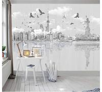 XLMING Dessin À La Main Noir Et Blanc Architecture Oiseaux En Vol Reflets Papier Peint 3D Soie De Luxe Intissé Bureau Salle à Manger Canapé Chambre Salon TV Mural Décoratif-200cm×140cm