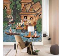 XLMING Dessin À La Main Personnages Architecture Maisons Rivière Petit Bateau 3D Papier Peint Texture Soyeuse Intissé Salle à Manger Bureau D'étude Canapé Chambre Salon TV Mur-150cm×105cm