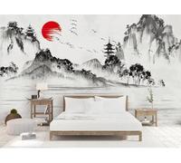 XLMING Dessin À L'Encre Paysage Architecture Oiseaux Soleil Levant Papier Peint 3D Soie Texturée Haut De Gamme Salon Canapé Chambre À Coucher Salle Manger Murale-400cm×280cm