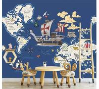 XLMING Dessin Animé Bleu Océan Carte Du Monde Voilier 3D Papier Peint Premium Texturé Soie Bureau Salle à Manger Salon Chambre Coucher Canapé TV Mur-250cm×170cm