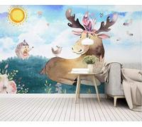 XLMING Dessin Animé Dessiné À La Main Animaux Fleurs Lever Du Soleil Papier Peint 3D Soie De Luxe Intissé Bureau Salle à Manger Canapé Chambre Salon TV Mural Décoratif-350cm×256cm