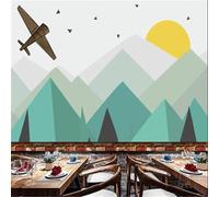 XLMING Dessin Animé Frais Avion Géométrique Chaîne De Montagnes Lever Du Soleil 3D Papier Peint Texture Soyeuse Intissé Salle à Manger Bureau D'étude Canapé Chambre Salon TV Mur-250cm×170cm