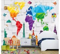XLMING Dessin Animé Géométrique Carte Du Monde Avion Architecture 3D Papier Peint Premium Texturé Soie Bureau Salle à Manger Salon Chambre Coucher Canapé TV Mur-300cm×210cm