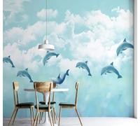 XLMING Dessin Animé Océan Ciel Nuages Blancs Dauphins 3D Papier Peint Premium Texturé Soie Bureau Salle à Manger Salon Chambre Coucher Canapé TV Mur-400cm×280cm