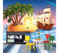 XLMING Dessin Animé Océan Îles Petits Bateaux Cocotiers Papier Peint 3D Soie De Luxe Intissé Bureau Salle à Manger Canapé Chambre Salon TV Mural Décoratif-350cm×256cm