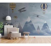 XLMING Dessin Animé Sommets Montagneux Avion Montgolfière Oiseau En Vol Papier Peint 3D Soie De Luxe Intissé Bureau Salle à Manger Canapé Chambre Salon TV Mural Décoratif-250cm×170cm