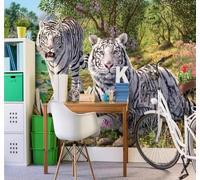 XLMING Dessin Animé Vert Forêt Cascade Tigre Blanc 3D Papier Peint Premium Texturé Soie Bureau Salle à Manger Salon Chambre Coucher Canapé TV Mur-150cm×105cm