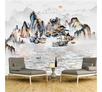 XLMING Dessiné À La Main Aquarelle Montagne Eau Petit Bateau Lever Du Soleil Oiseaux En Vol 3D Papier Peint Premium Texturé Soie Bureau Salle à Manger Salon Chambre Coucher Canapé TV Mur-430cm×300cm