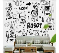 XLMING Dessiné À La Main Art Graffiti Robot Noir Et Blanc Lignes 3D Papier Peint Premium Texturé Soie Bureau Salle à Manger Salon Chambre Coucher Canapé TV Mur-250cm×170cm