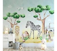 XLMING Dessiné À La Main Cartoon Animaux Zèbre Lion Vert Grand Arbre 3D Papier Peint Texture Soyeuse Intissé Salle à Manger Bureau D'étude Canapé Chambre Salon TV Mur-400cm×280cm